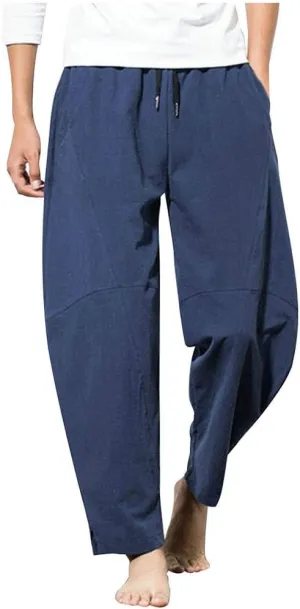 Linen Pants Mens Casual Pants Drawstring Beach Pants Relaxed-Fit Yoga Pants Summer Elastic Waist Pants