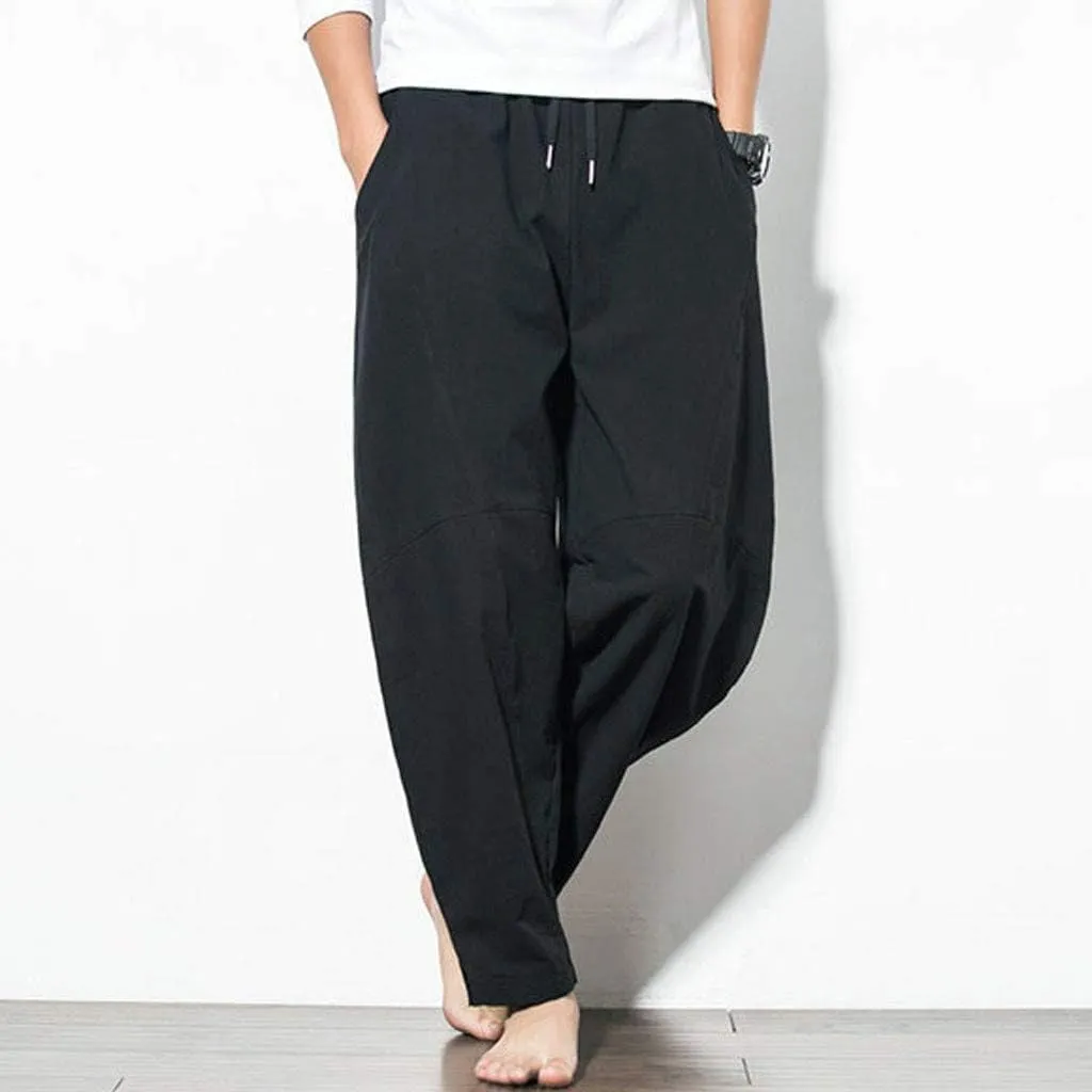 Linen Pants Mens Casual Pants Drawstring Beach Pants Relaxed-Fit Yoga Pants Summer Elastic Waist Pants