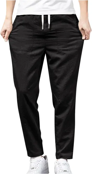 Linen Pants Mens Casual Pants Summer Beach Pants Drawstring Yoga Pants Soft Elastic Waist Pants