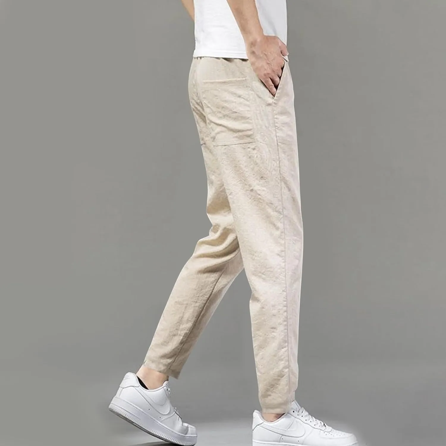 Linen Pants Mens Casual Pants Summer Beach Pants Drawstring Yoga Pants Soft Elastic Waist Pants