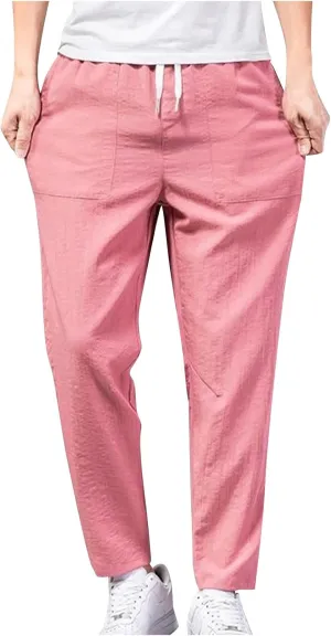 Linen Pants Mens Casual Pants Summer Beach Pants Drawstring Yoga Pants Soft Elastic Waist Pants