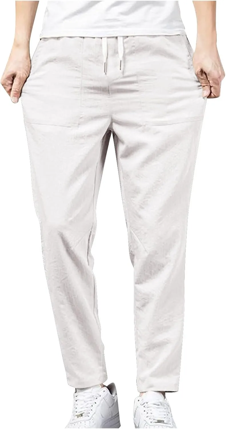 Linen Pants Mens Casual Pants Summer Beach Pants Drawstring Yoga Pants Soft Elastic Waist Pants