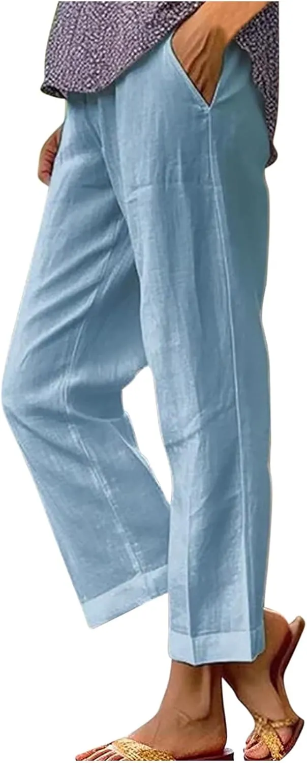 Linen Pants with Pockets High Waisted Straight Leg Pants Casual Lounge Pants Solid Color Pants Summer Lounge Pants