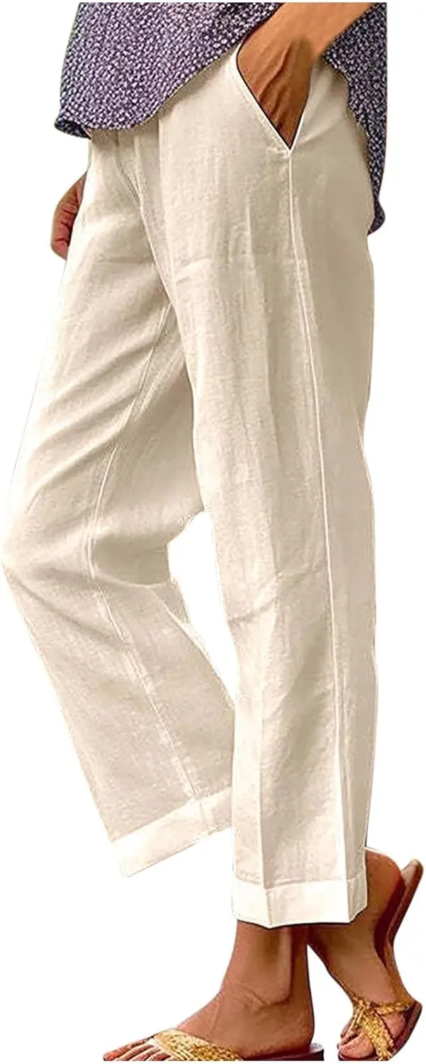 Linen Pants with Pockets High Waisted Straight Leg Pants Casual Lounge Pants Solid Color Pants Summer Lounge Pants