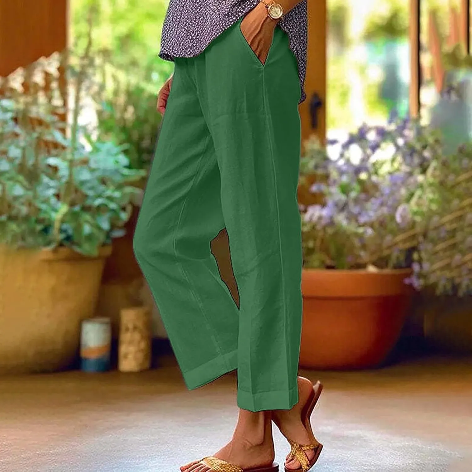 Linen Pants with Pockets High Waisted Straight Leg Pants Casual Lounge Pants Solid Color Pants Summer Lounge Pants
