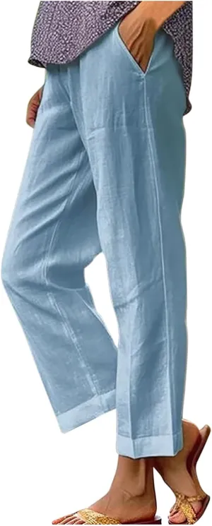 Linen Pants with Pockets High Waisted Straight Leg Pants Casual Lounge Pants Solid Color Pants Summer Lounge Pants