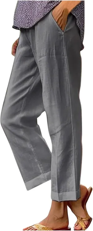 Linen Pants with Pockets High Waisted Straight Leg Pants Casual Lounge Pants Solid Color Pants Summer Lounge Pants