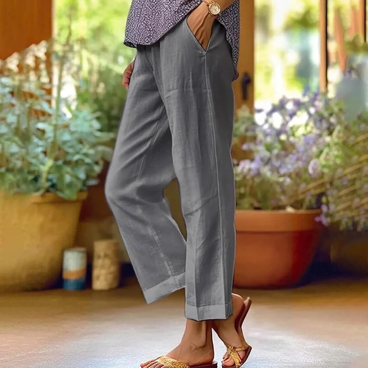 Linen Pants with Pockets High Waisted Straight Leg Pants Casual Lounge Pants Solid Color Pants Summer Lounge Pants