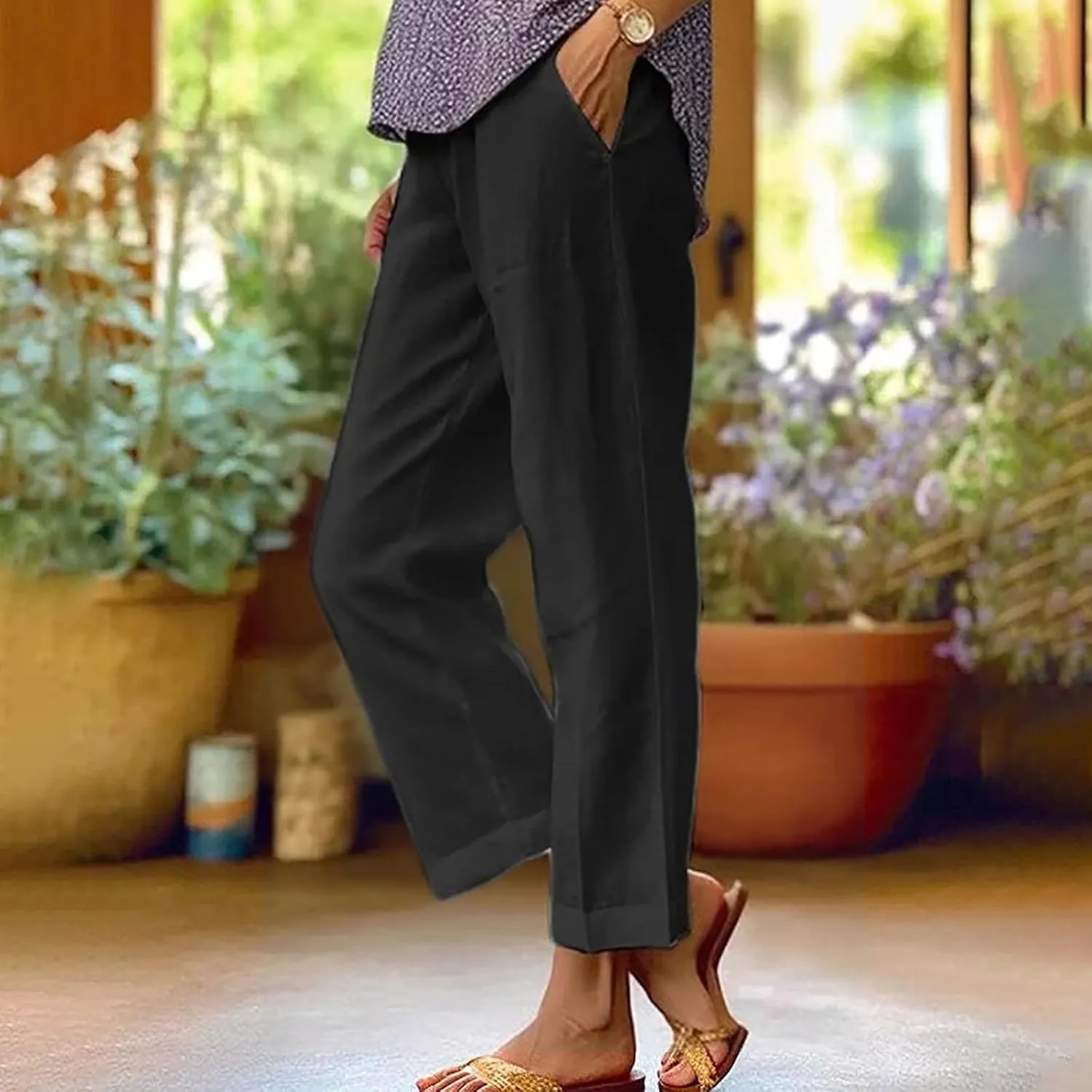 Linen Pants with Pockets High Waisted Straight Leg Pants Casual Lounge Pants Solid Color Pants Summer Lounge Pants