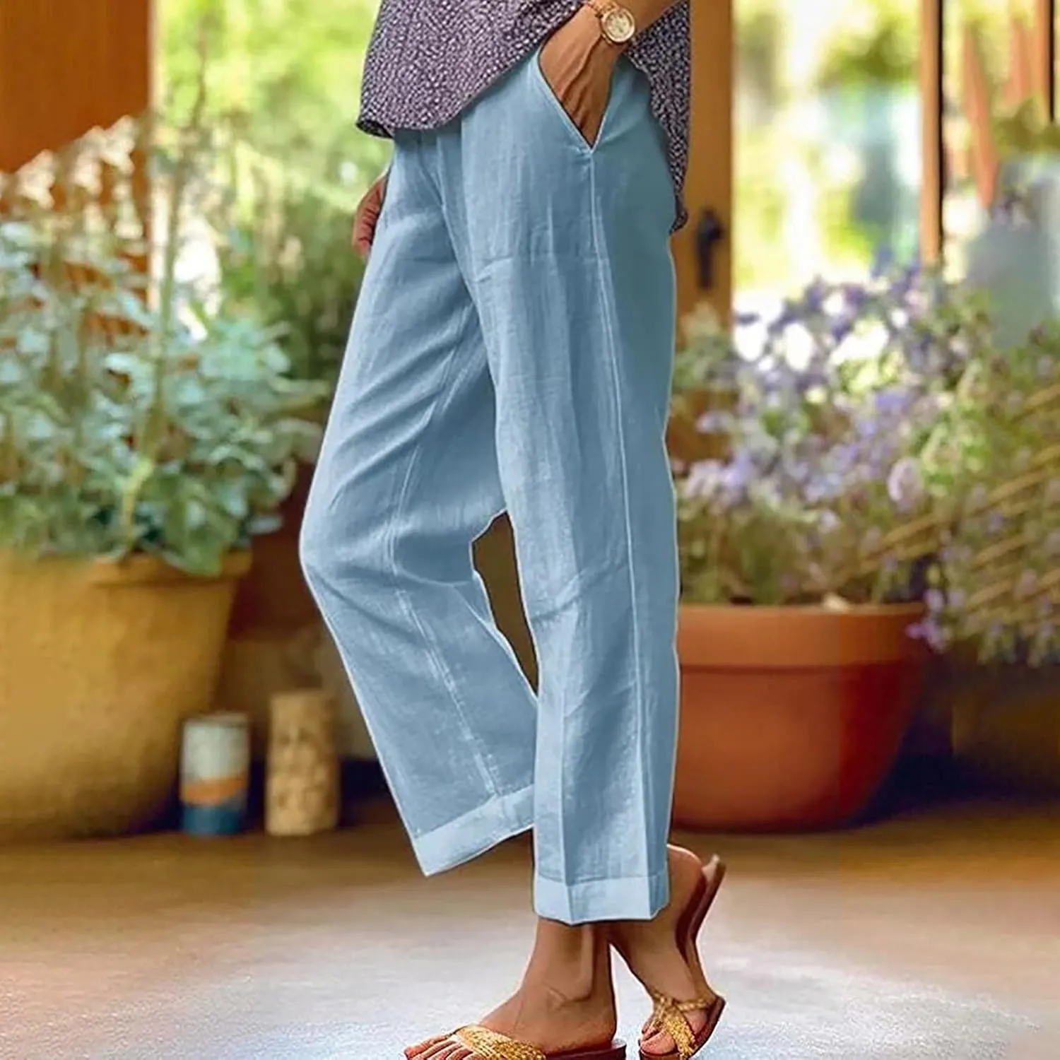 Linen Pants with Pockets High Waisted Straight Leg Pants Casual Lounge Pants Solid Color Pants Summer Lounge Pants