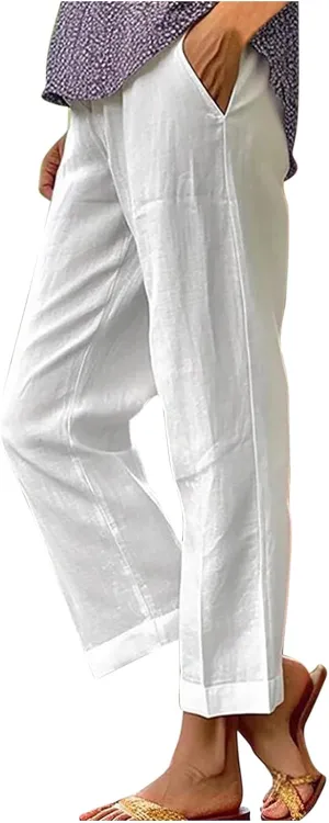Linen Pants with Pockets High Waisted Straight Leg Pants Casual Lounge Pants Solid Color Pants Summer Lounge Pants