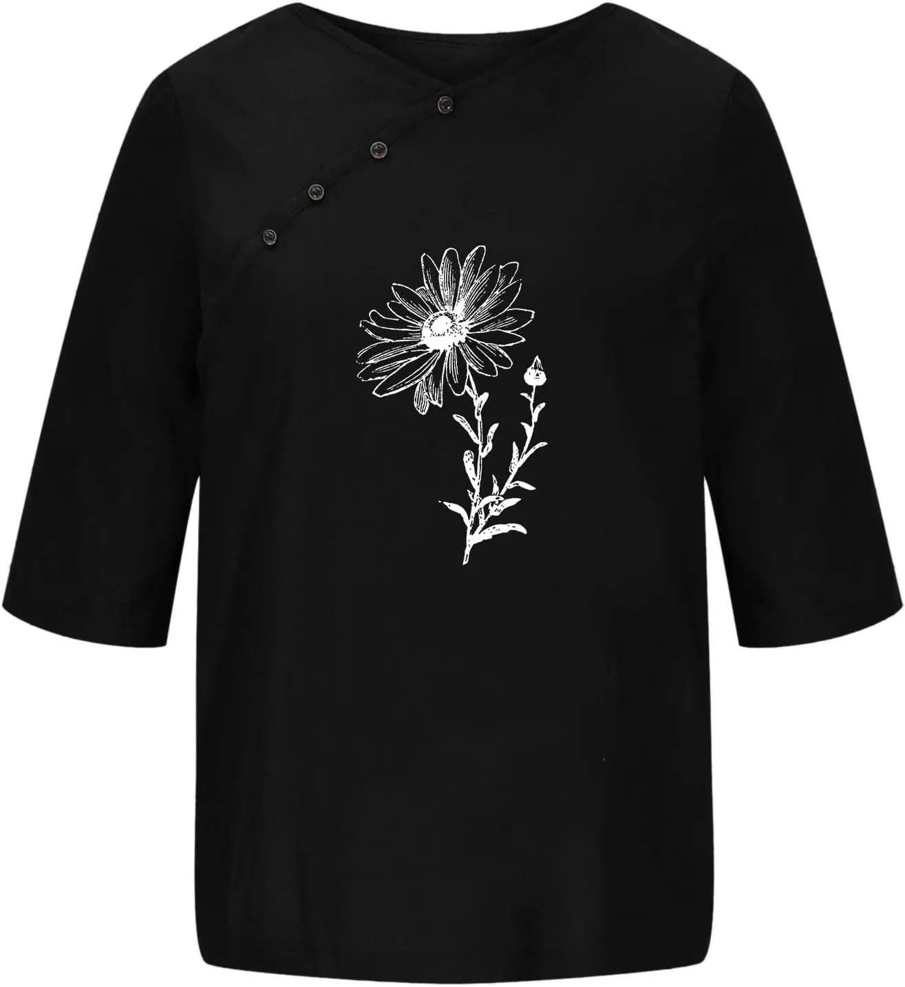 Linen Shirts for Women Crewneck Button Down Floral Blouse Tops Dressy Casual Summer Oversized Tshirts 2024