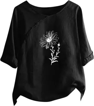 Linen Shirts for Women Crewneck Button Down Floral Blouse Tops Dressy Casual Summer Oversized Tshirts 2024