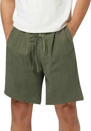Linen Shorts for Men Elastic Waist Drawstring Shorts Relaxed Fit Summer Lightweight Pants with Pockets