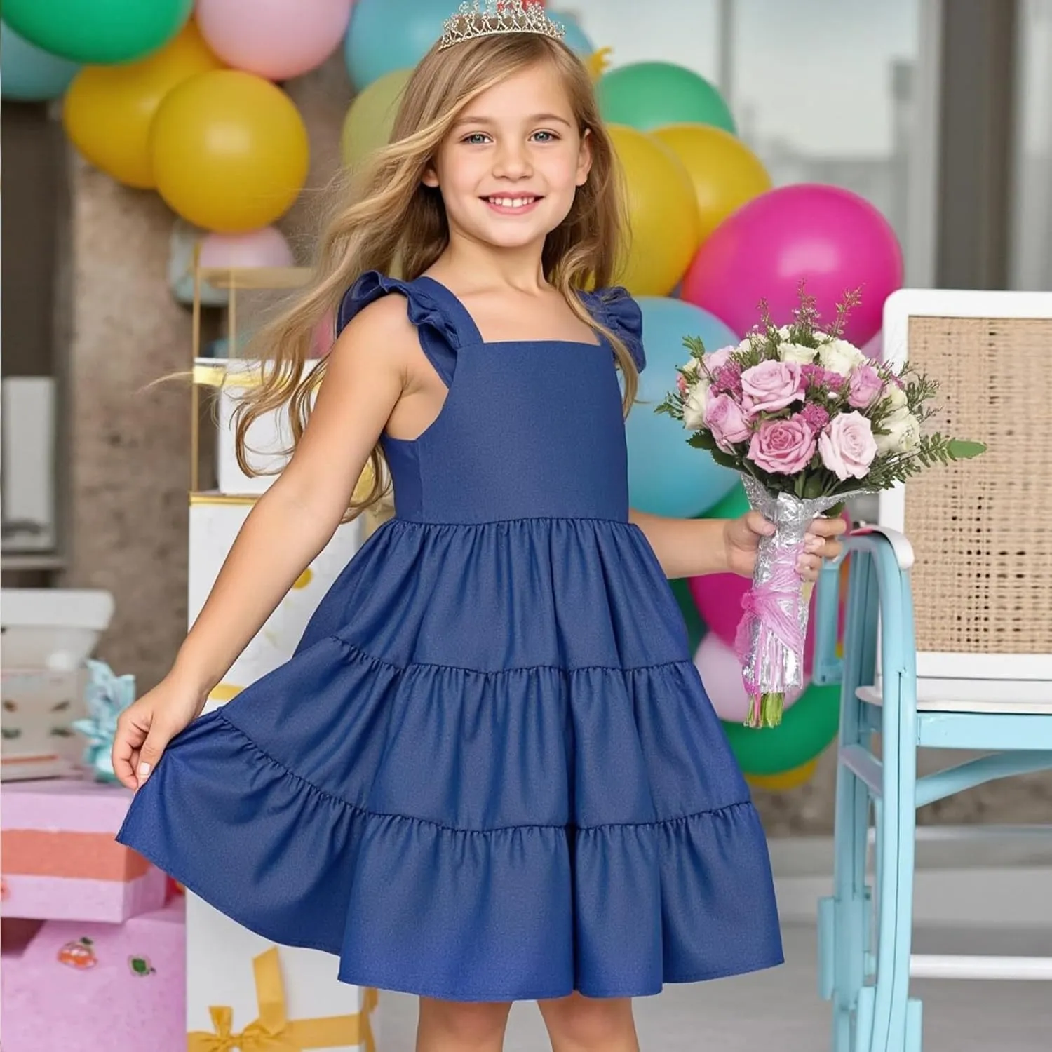 Little Bitty Toddler Summer Girls Dresses Flutter Sleeve Casual Skater Swing Wedding Guest Cocktail Party Sundress 2-7 Years