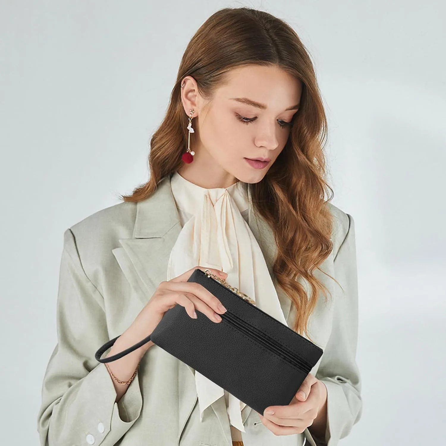 LJCZKA Leather Wristlet Wallet for Women Men Large Capacity Clutch Handbags Purses Long Cellphone Credit Card Holder Pocket Bag with Wrist Strap, Keychain