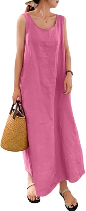 LOAIHA Womens Cotton Linen Plus Size Sun Dress with Pockets,Summer Sleeveless Maxi Dress for Women Loose Casual Tank Dress