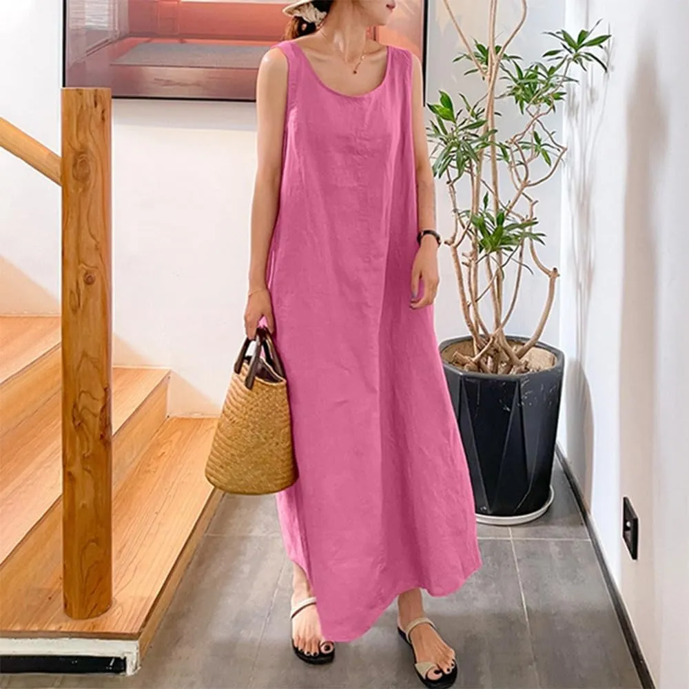 LOAIHA Womens Cotton Linen Plus Size Sun Dress with Pockets,Summer Sleeveless Maxi Dress for Women Loose Casual Tank Dress
