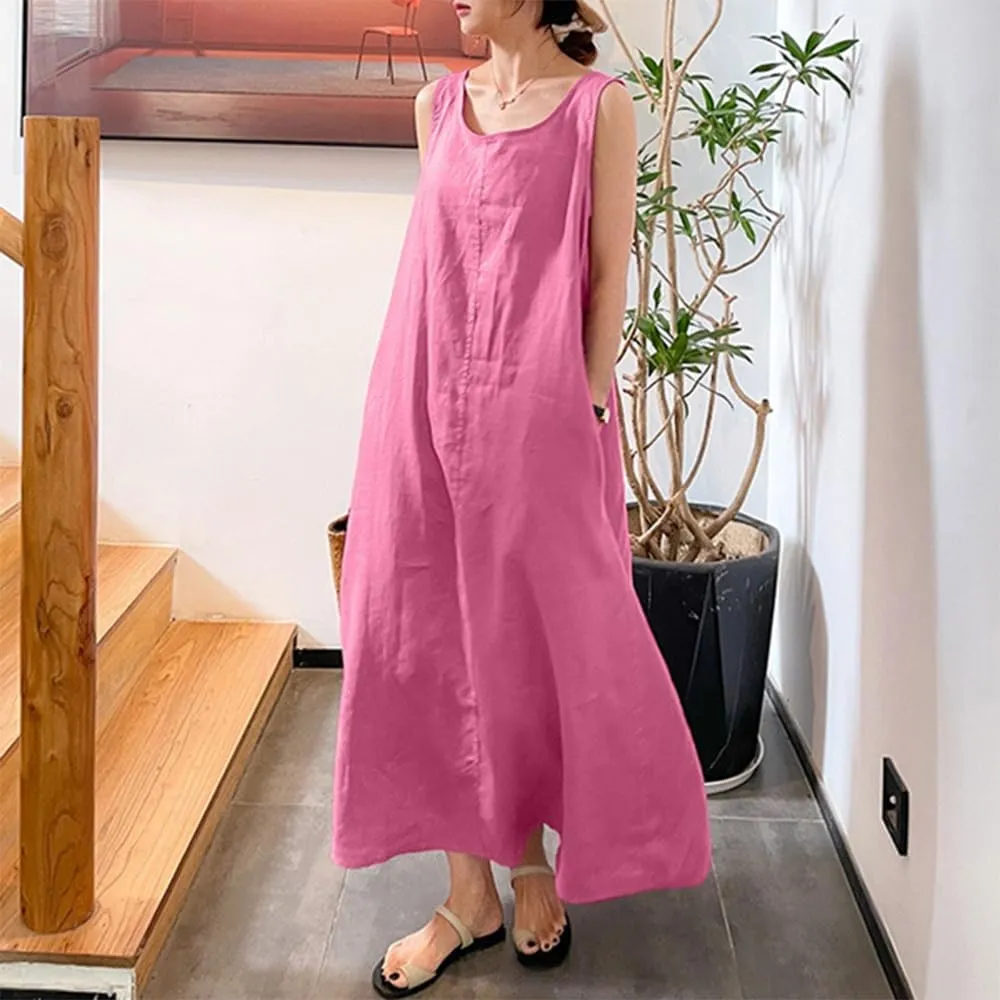 LOAIHA Womens Cotton Linen Plus Size Sun Dress with Pockets,Summer Sleeveless Maxi Dress for Women Loose Casual Tank Dress