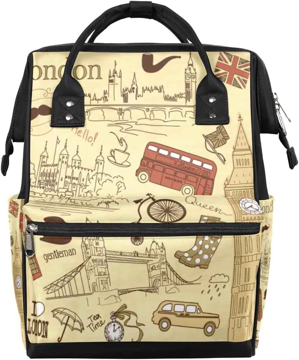 London Landmark Backdrop Diaper Bag Tote Large Capacity Waterproof with Adjustable Shoulder Strap and Pram Straps Mommy Bag for Hospital Beach Weekender Travel