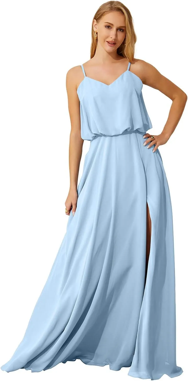 Long Bridesmaid Dresses with Pockets Chiffon Maxi Gowns and Evening Dresses for Women Wedding