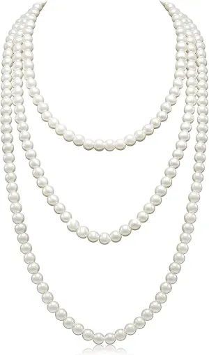 Long Pearl Necklaces Cream White Faux Pearl Necklaces Strand Layered Pearl Necklace for Women Costume Jewelry