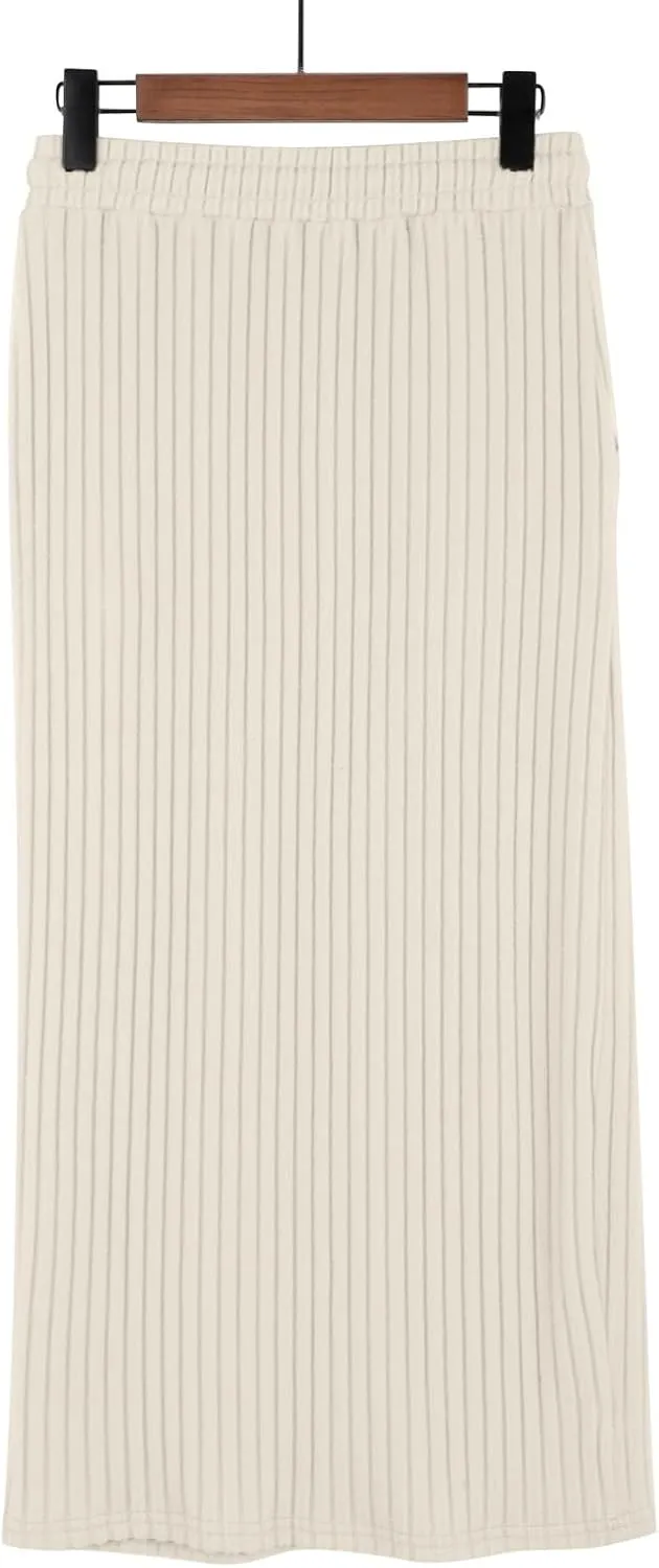 Long Skirts for Women 2025 Summer Trendy Maxi Skirt with Pockets Ribbed Knit Stretchy Soft Daily Outfits