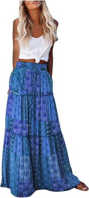 Long Skirts for Women High Waisted Ruffle Maxi Skirt Flowy Floral Boho Skirt A Line Tiered Skirt Summer Pleated Skirt