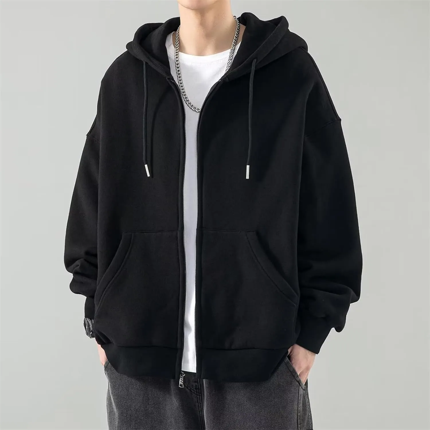 Long Sleeve Hooded Sweatshirt Pockets Mens Simple Casual Loose Hoodless Oversize Zipper Solid Stand Collar Hoodless