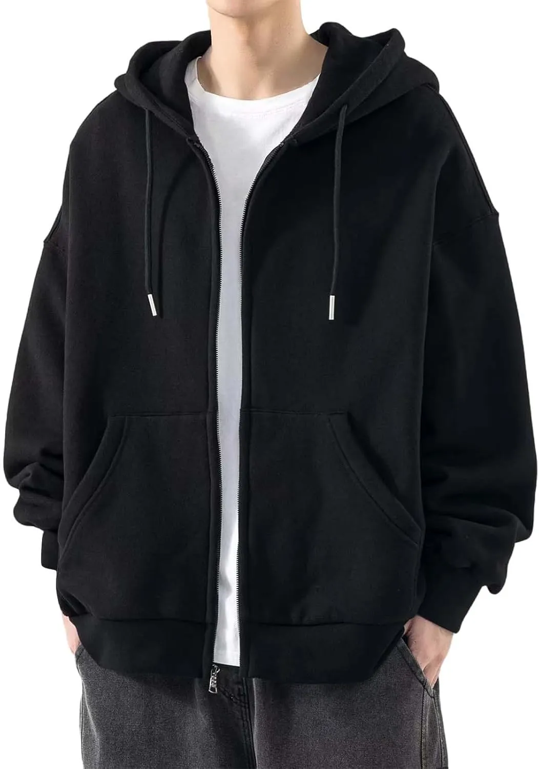 Long Sleeve Hooded Sweatshirt Pockets Mens Simple Casual Loose Hoodless Oversize Zipper Solid Stand Collar Hoodless