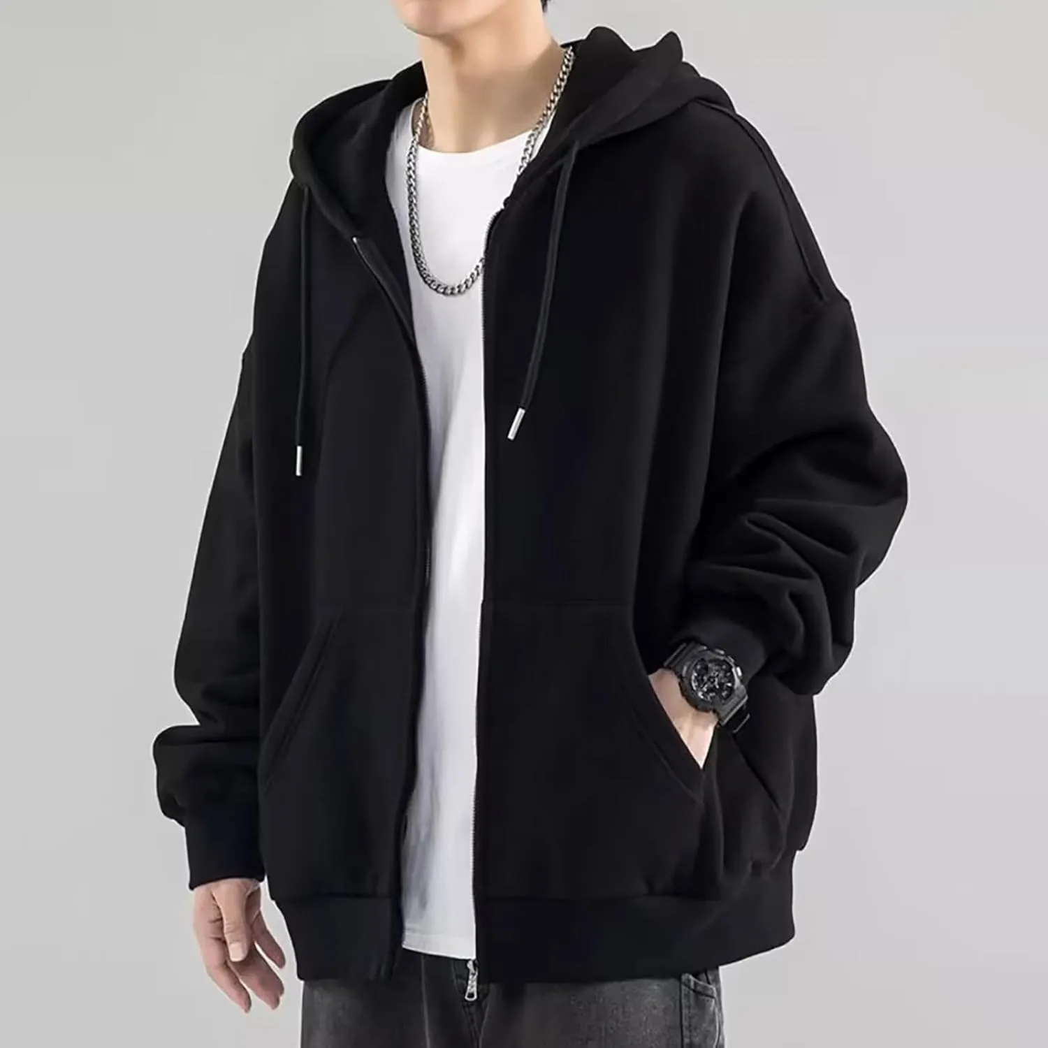 Long Sleeve Hooded Sweatshirt Pockets Mens Simple Casual Loose Hoodless Oversize Zipper Solid Stand Collar Hoodless