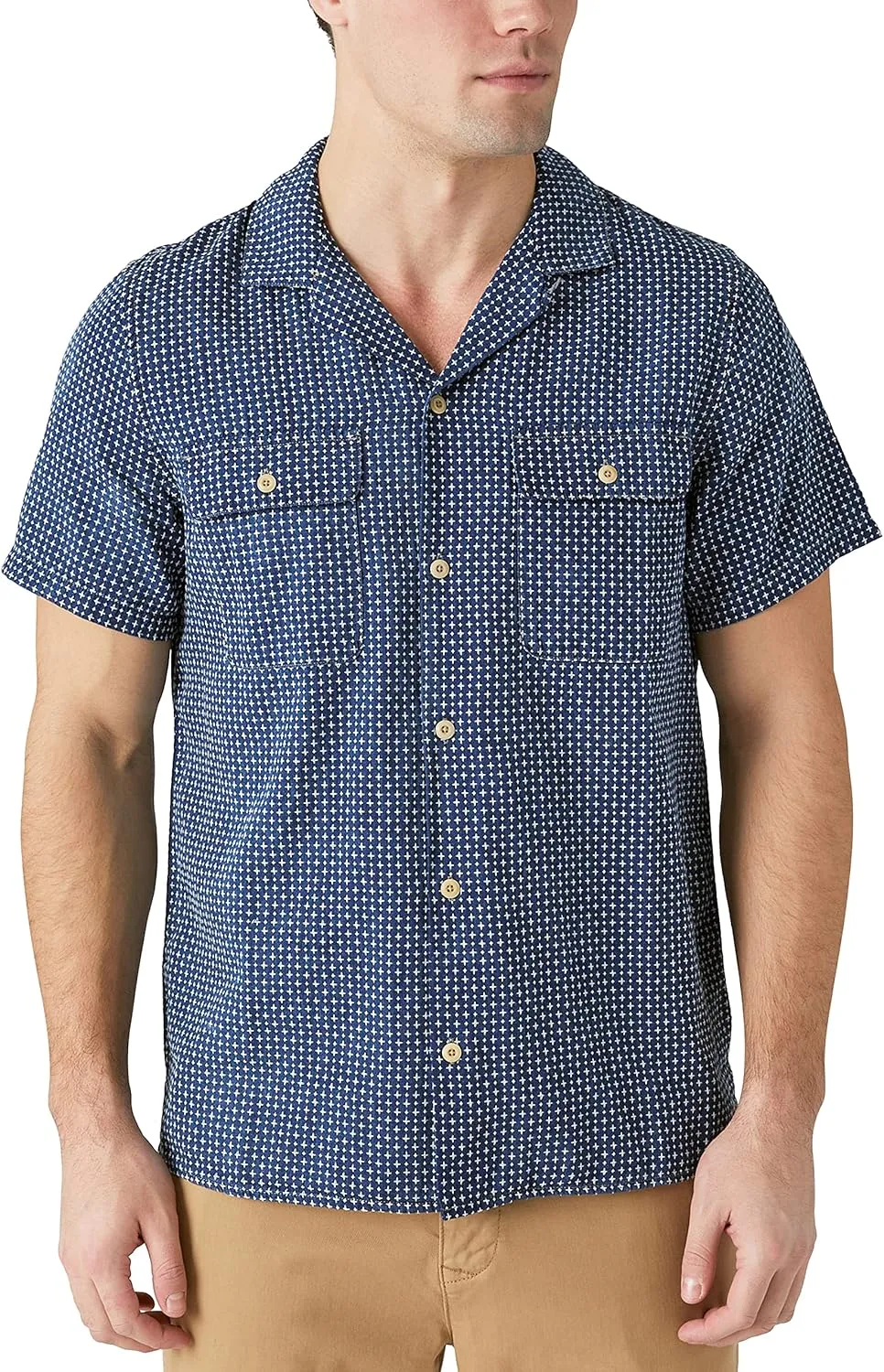Lucky Brand Men's Short Sleeve Indigo Dobby Auto Body Buttoned Shirt