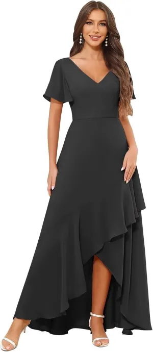MAGGCIF Women's V Neck Bridesmaid Dresses Long with Sleeves Ruched Chiffon Formal Evening Gowns