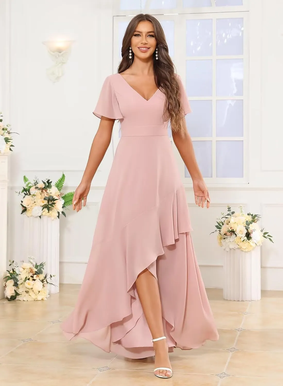 MAGGCIF Women's V Neck Bridesmaid Dresses Long with Sleeves Ruched Chiffon Formal Evening Gowns