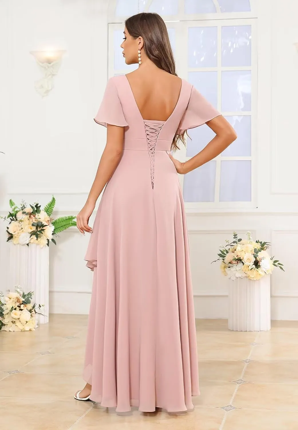 MAGGCIF Women's V Neck Bridesmaid Dresses Long with Sleeves Ruched Chiffon Formal Evening Gowns