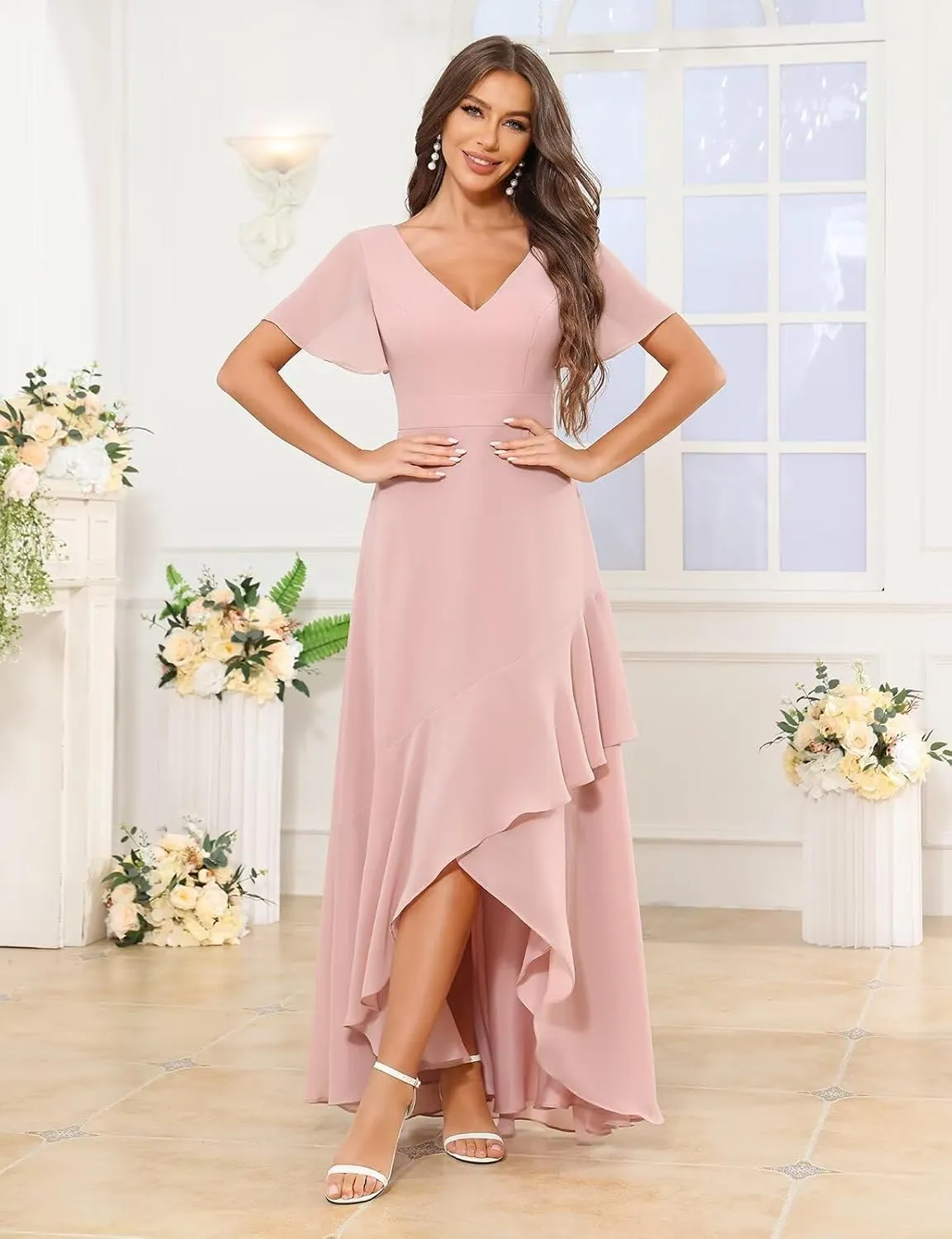MAGGCIF Women's V Neck Bridesmaid Dresses Long with Sleeves Ruched Chiffon Formal Evening Gowns