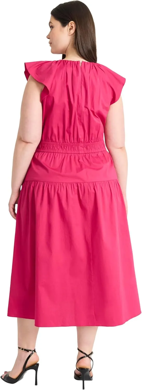 Maggy London Women's Elegant Midi A-line Smocked Waist Flutter Sleeve-Tiered Skirt Versatile Wedding Guest Dresses