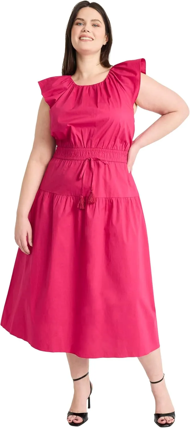 Maggy London Women's Elegant Midi A-line Smocked Waist Flutter Sleeve-Tiered Skirt Versatile Wedding Guest Dresses