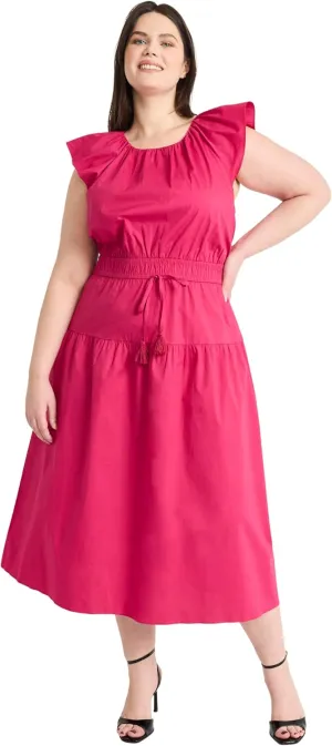 Maggy London Women's Elegant Midi A-line Smocked Waist Flutter Sleeve-Tiered Skirt Versatile Wedding Guest Dresses