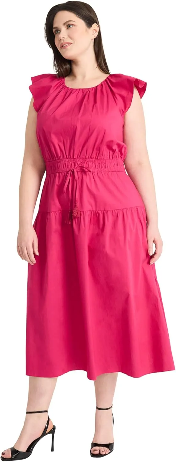 Maggy London Women's Elegant Midi A-line Smocked Waist Flutter Sleeve-Tiered Skirt Versatile Wedding Guest Dresses