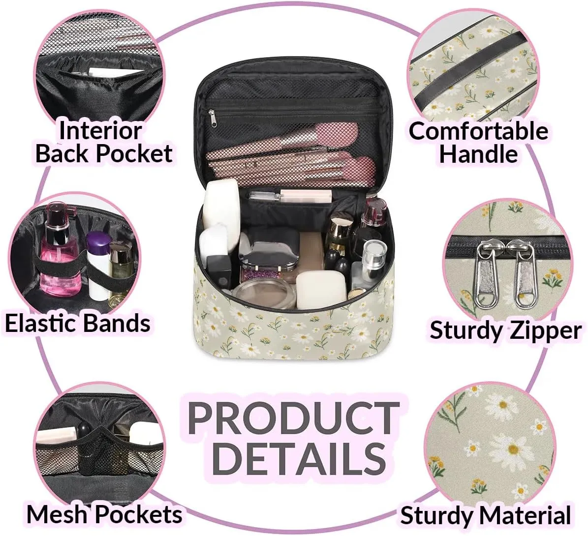 Makeup Travel Bag Organizer Toiletry Bag for Women Portable Cosmetic Storage Case with Handle, Large Capacity Lightweight Toiletries Brush Zipper Bag - Daisy