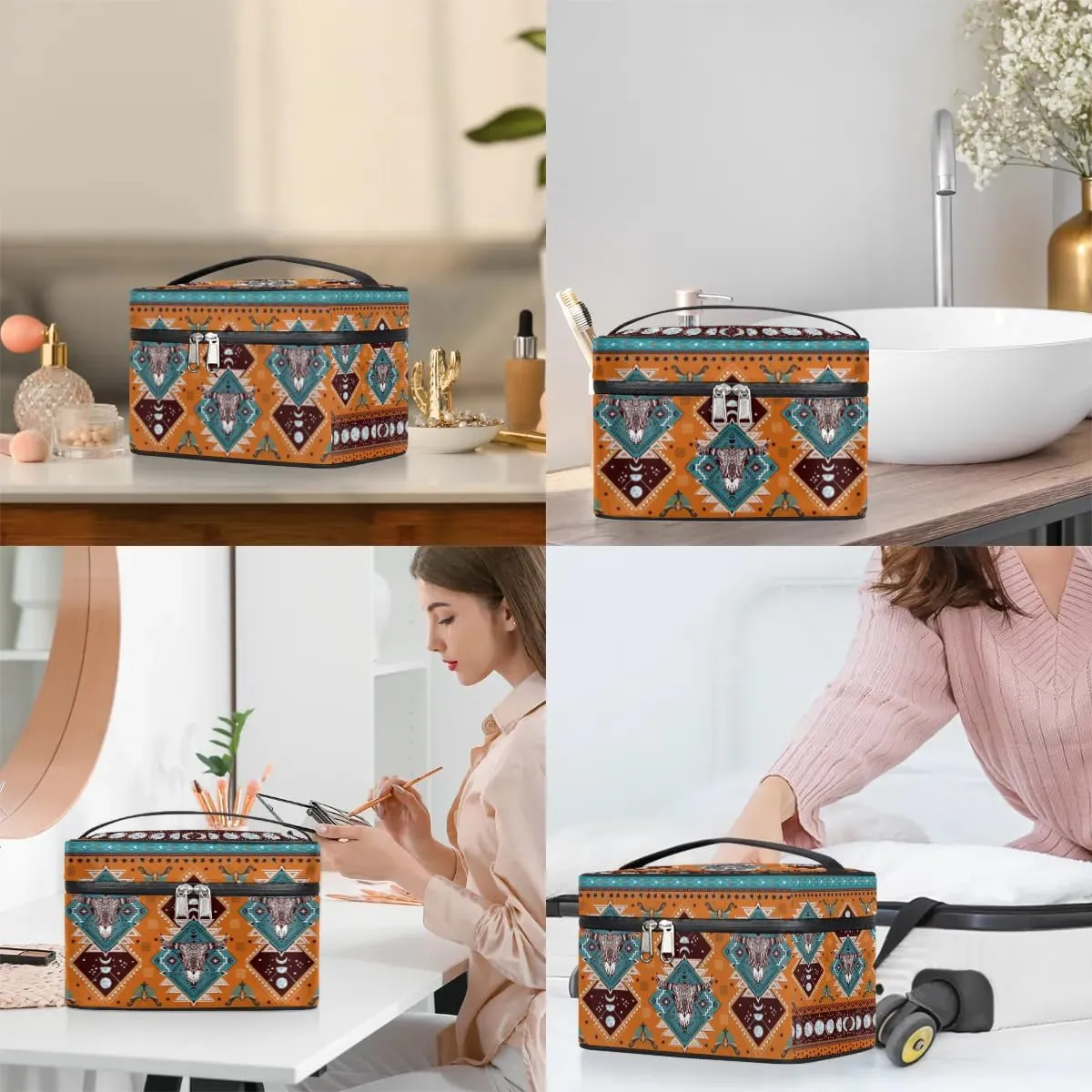 Makeup Travel Bag Organizer Toiletry Bag for Women Portable Cosmetic Storage Case with Handle, Large Capacity Lightweight Toiletries Brush Zipper Bag - Ethnic Totem