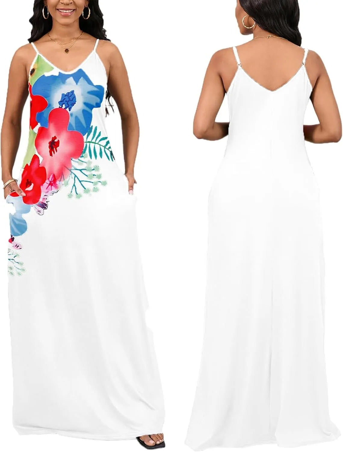 Maxi Dress for Women 2025 Plus Size Summer Casual Sexy Floral Sleeveless Vacation Long Sundresses with Pockets