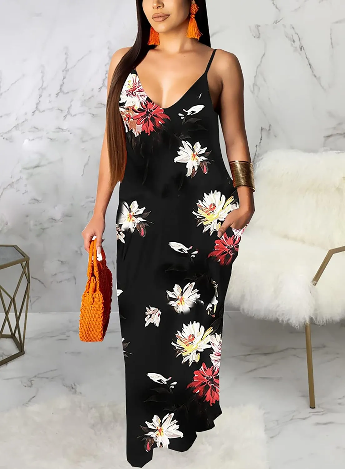 Maxi Dress for Women 2025 Plus Size Summer Casual Sexy Floral Sleeveless Vacation Long Sundresses with Pockets