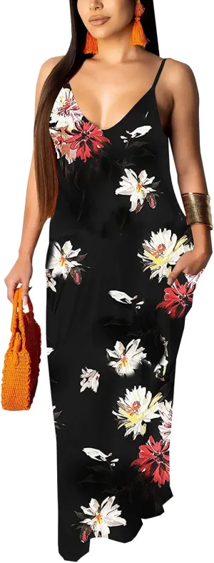 Maxi Dress for Women 2025 Plus Size Summer Casual Sexy Floral Sleeveless Vacation Long Sundresses with Pockets