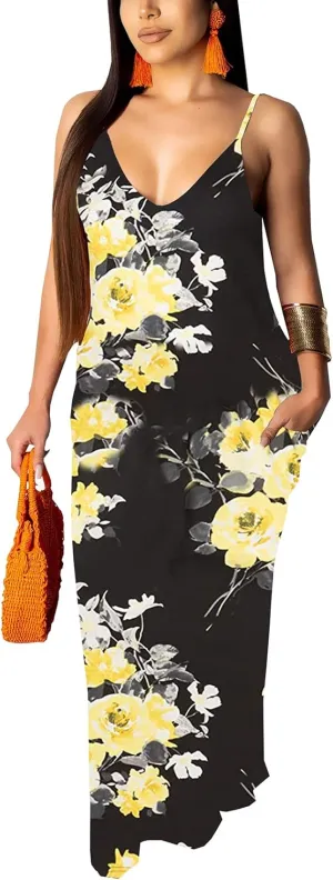 Maxi Dress for Women 2025 Plus Size Summer Casual Sexy Floral Sleeveless Vacation Long Sundresses with Pockets
