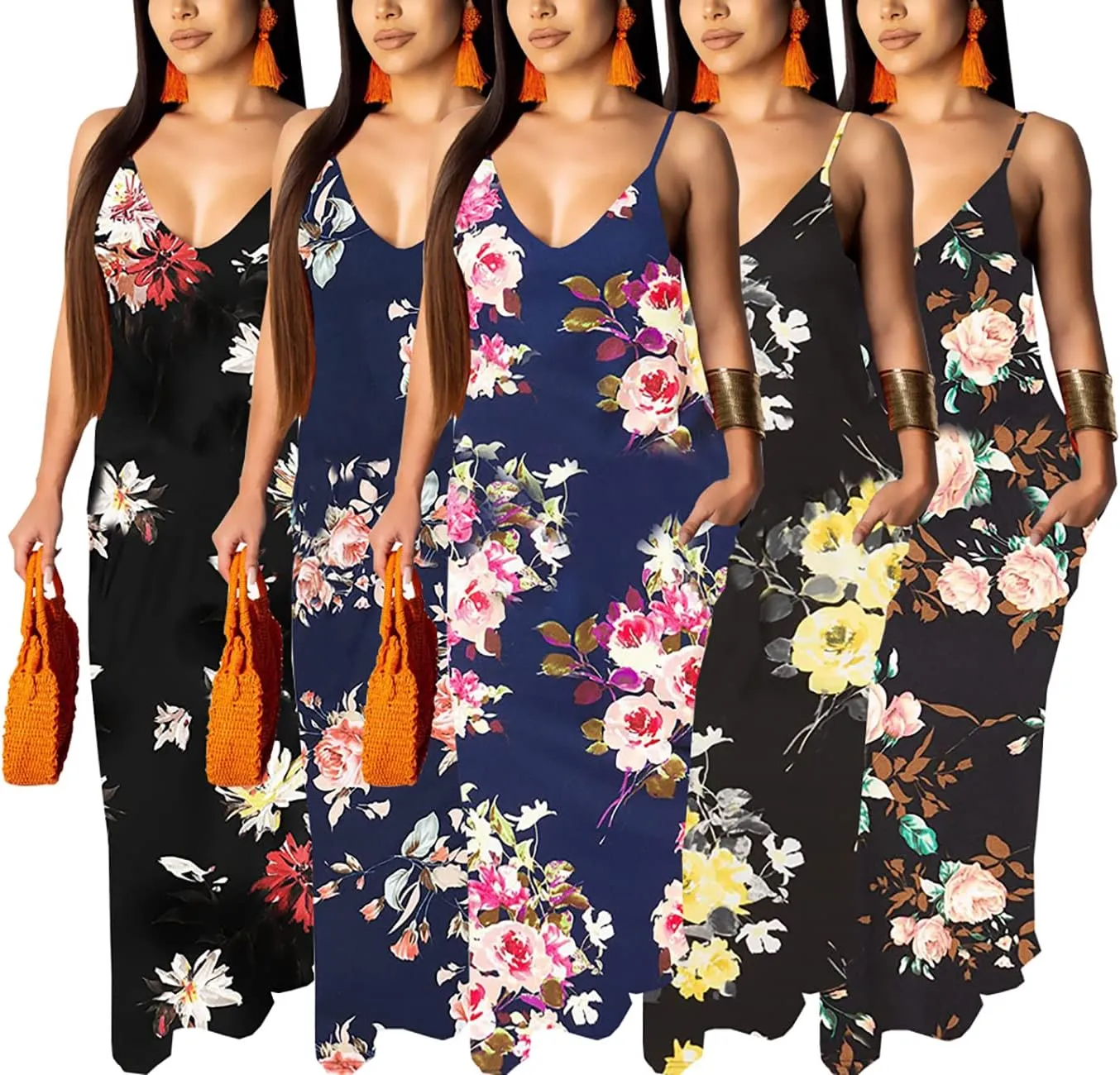 Maxi Dress for Women 2025 Plus Size Summer Casual Sexy Floral Sleeveless Vacation Long Sundresses with Pockets