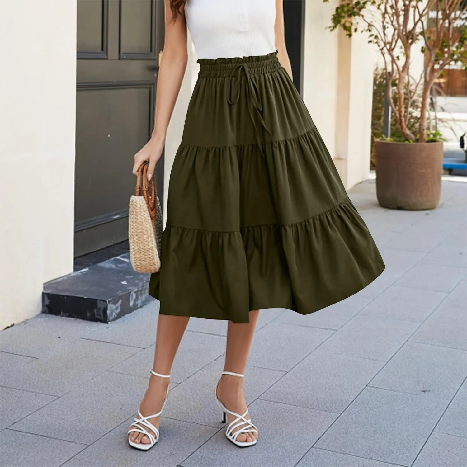 Maxi Skirts for Women 2025 Summer Elastic High Waisted Tiered Floral Skirts Beach Boho A-Line Flowy Swing Long Skirts