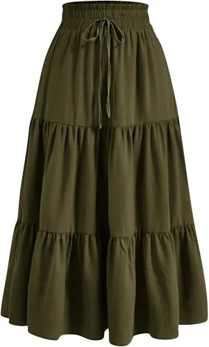 Maxi Skirts for Women 2025 Summer Elastic High Waisted Tiered Floral Skirts Beach Boho A-Line Flowy Swing Long Skirts