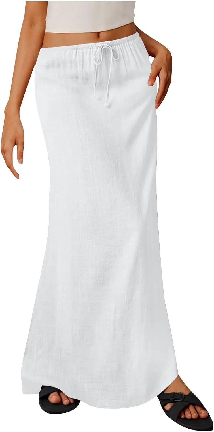 Maxi Skirts for Women Summer Design Cotton Linen Long Skirts Boho Casual Flowy Skirts Drawstring Waist A Line Skirts
